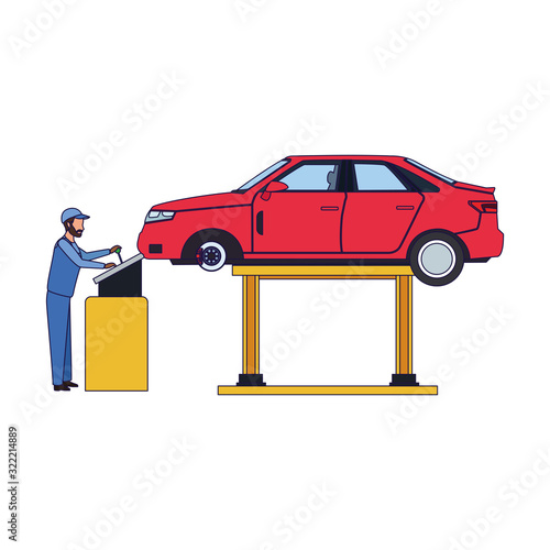 man supervising a lifted car, colorful design