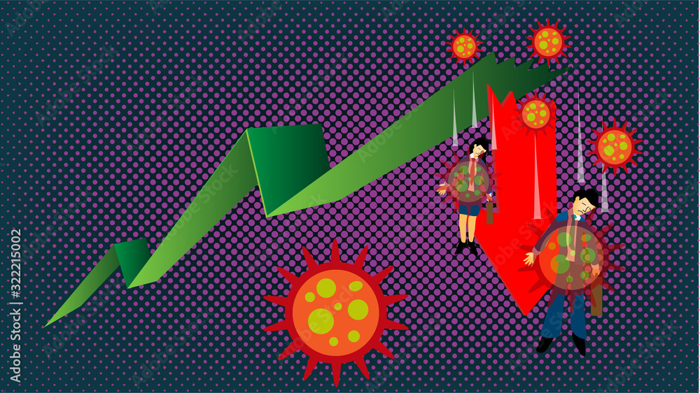 Fototapeta premium The cartoon infographic illustration picture of a sick businessman is fallen down by the germs on the falling graph. ( vector )