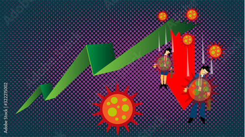 The cartoon infographic illustration picture of a sick businessman is fallen down by the germs on the falling graph. ( vector )