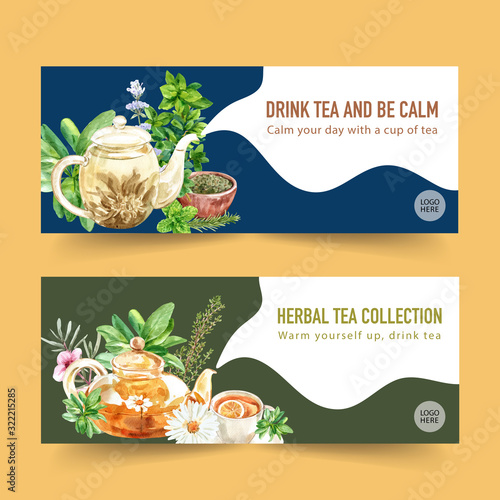 Herbal tea banner design with chamomile, mint, tea pot, rosemary watercolor illustration.