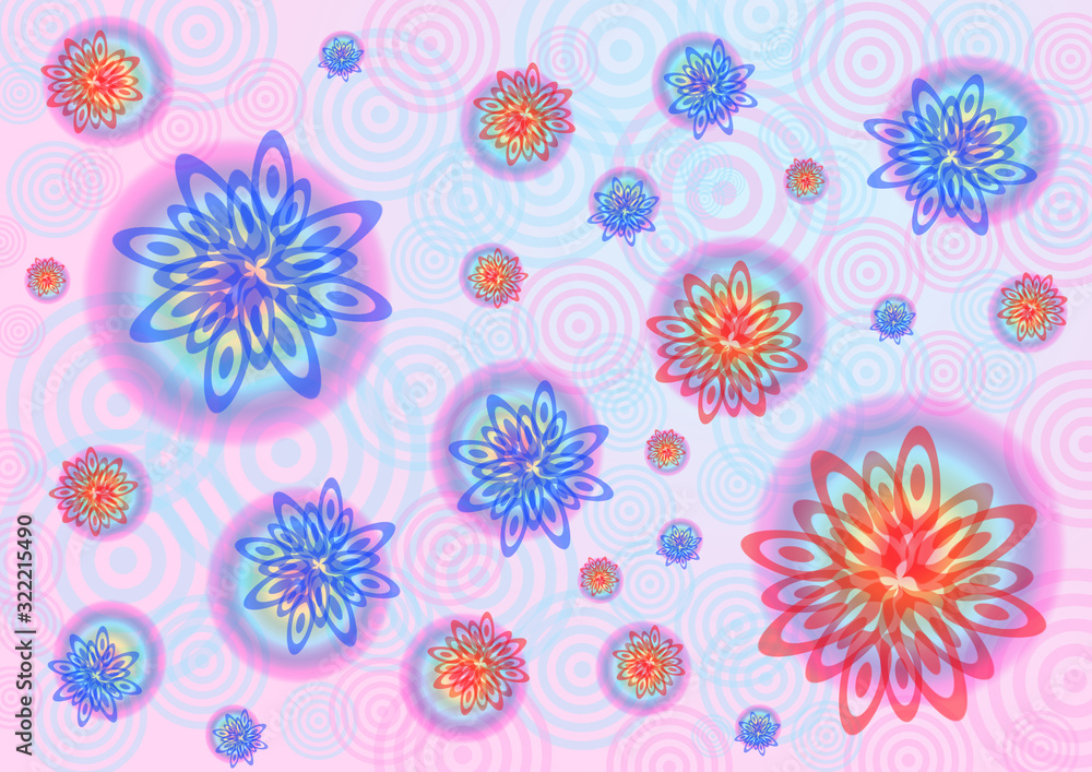 Abstract background in blue and red with flowers and circles, the basis for the card