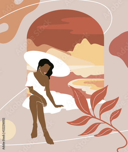 Vector minimalistic hand drawn  illustration of sitting girl in hat and maxi dress. Creative abstract artwork. Template for postcard, poster, banner, print for t-shirt, label,  patch.