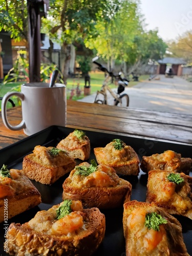 Fried Bread with Minced Pork & Shrimp Spread , coffee photo