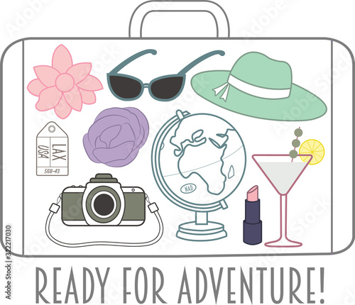 Cute Vintage Inspired 'Ready for Adventure' Travel Themed Placement Print. Beautiful vector illustration perfect for fabric, t-shirts, scrap-booking, home decor, products, cards, gifts and projects.