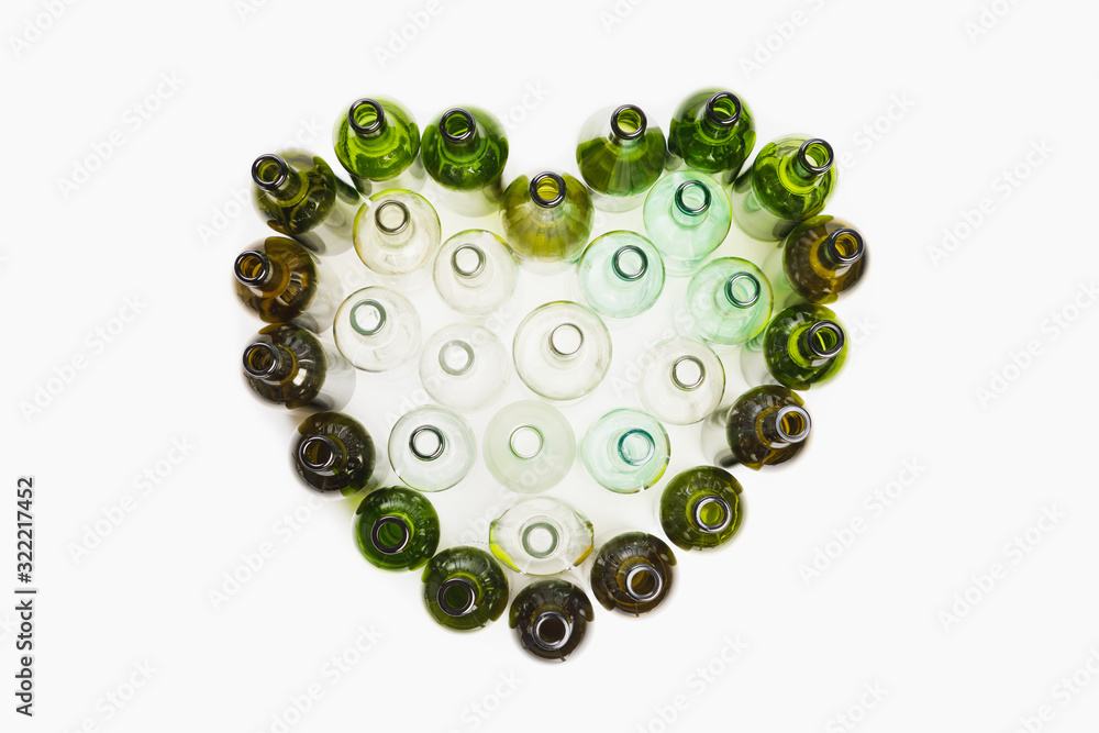 empty wine bottles heart shape, white background empty wine bottles heart shape, white background