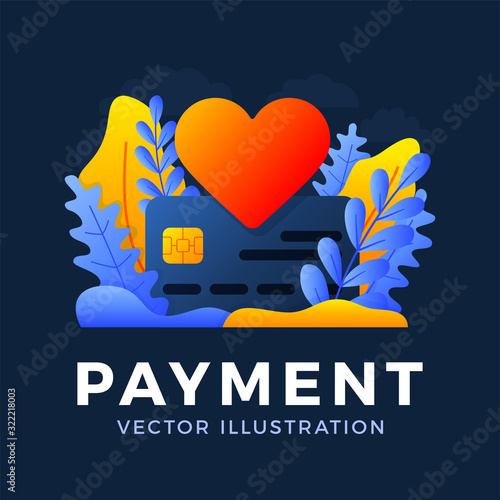 Heart sign and Credit Card Vector stock illustration. Colorful style Payment illustration for landing page or presentation. The concept of payment of love or promotion in social networks. Like cheat