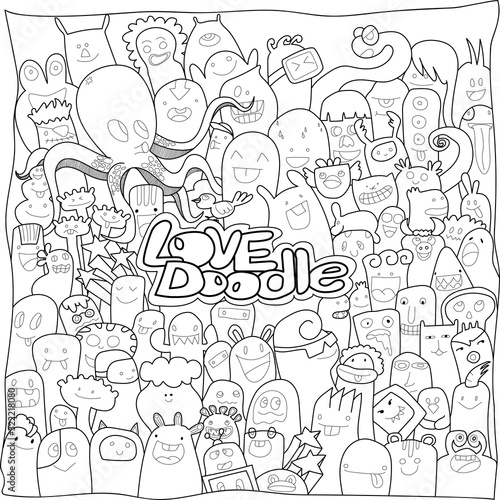  Love Doodles Funny monsters ,Cute Monster pattern for coloring book. Black and white background. Vector illustration,love concept