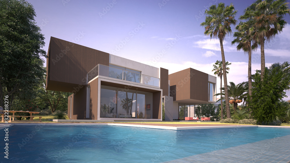 Modern villa with pool and exotic garden