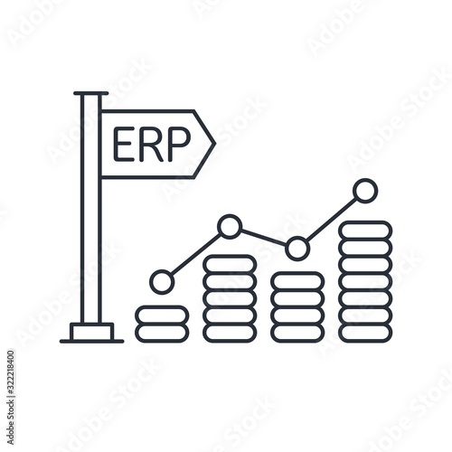 Growth chart and leader flag with abbreviation ERP.  Enterprise resource planning.Business automation and innovation.Vector linear icon isolated on white background.