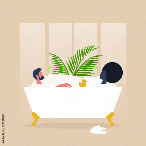 An interracial couple of character taking a clawfoot vintage bathtub full of soap foam together, relaxation and body treatment, romantic relationships