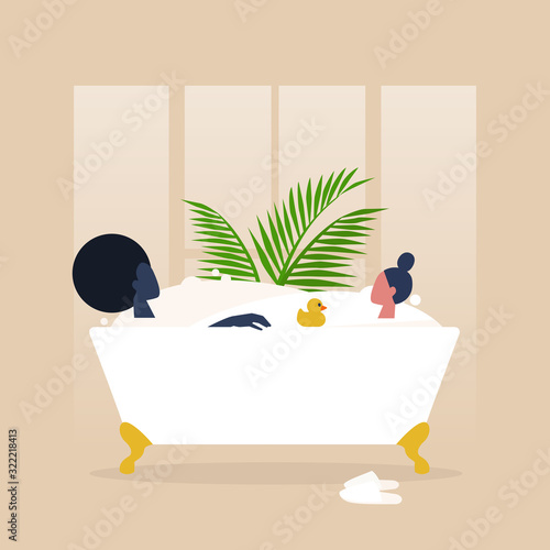 A couple of lesbian characters taking a clawfoot vintage bathtub full of soap foam together, relaxation and body treatment, romantic homosexual relationships
