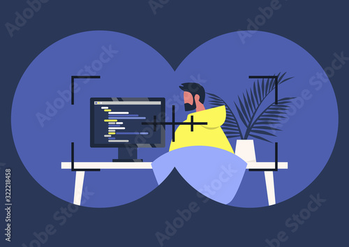 Headhunting concept, Binoculars view, employee search, espionage,  Internet stalking, Young male character working on a computer