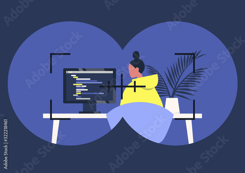Headhunting concept, Binoculars view, employee search, espionage,  Internet stalking, Young female character working on a computer