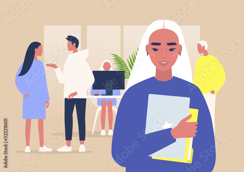 A portrait of a young asian female manager holding a laptop and folders, a group of coworkers on background, daily office life