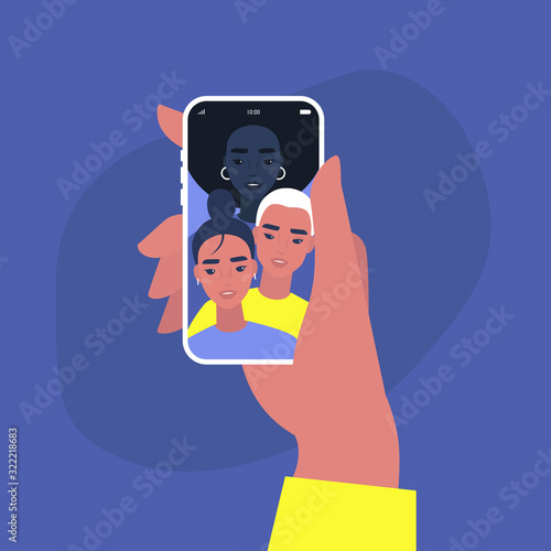 A group selfie of multiethnic friends, social media content, viral posts, BFF, millennial lifestyle