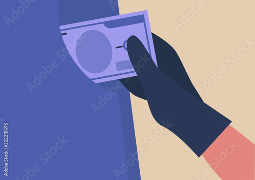 Pick pocketing: gloved hand stealing money from victim's pocket, financial crime