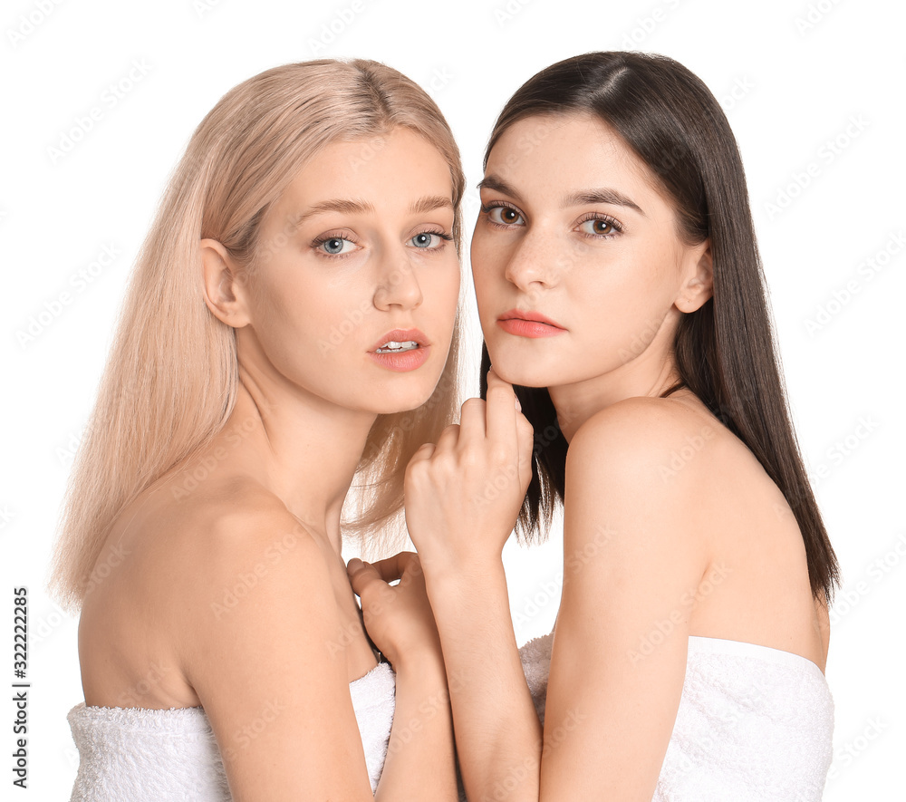 Young women with beautiful makeup on white background Young women with beautiful makeup on white background