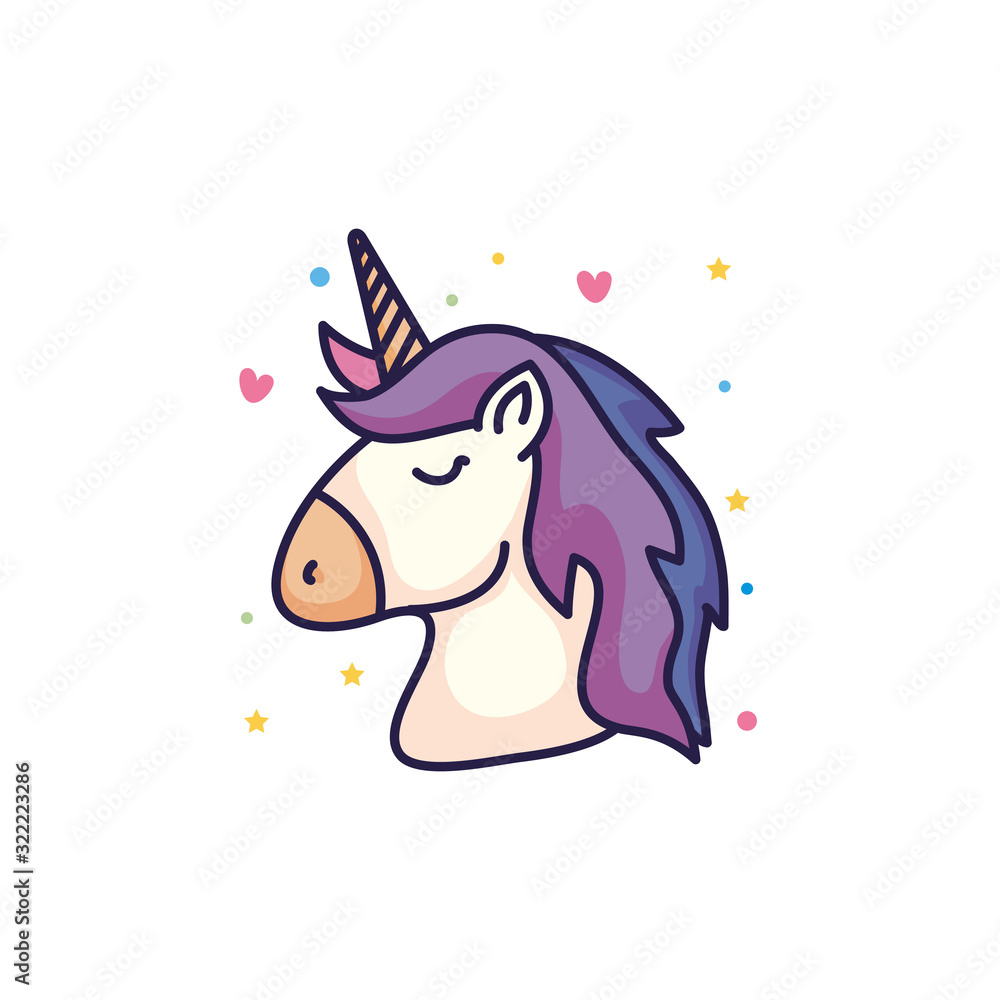 head of cute unicorn fantasy with hearts and stars decoration