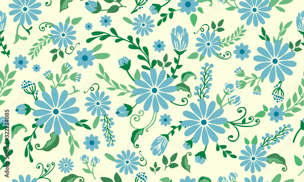 Seamless Motif of spring floral background, with leaf and flower drawing.