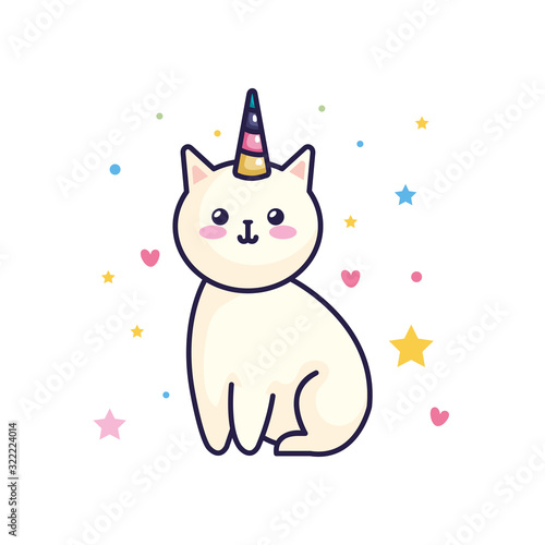 cute cat unicorn fantasy with hearts and stars decoration