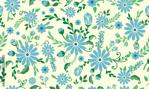 Seamless Motif of spring floral background  with leaf and flower drawing.