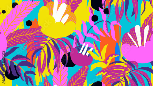 Botanical seamless pattern, various hand drawn flowers and leaves on blue