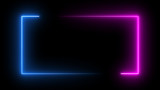 Square rectangle picture frame with two tone neon color motion graphic on isolated black background. Blue and pink light moveing for overlay element. 3D illustration rendering. Empty copy space middle
