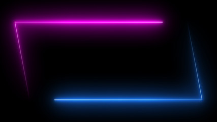 Parallelogram rectangle picture frame with two tone neon color shade motion graphic on isolated black background. Blue and pink light for overlay element. 3D illustration rendering wallpaper backdrop