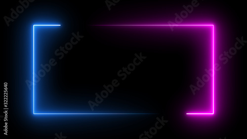 Square rectangle picture frame with two tone neon color motion graphic on isolated black background. Blue and pink light moveing for overlay element. 3D illustration rendering. Empty copy space middle photo