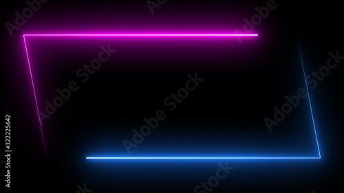 Parallelogram rectangle picture frame with two tone neon color shade motion graphic on isolated black background. Blue and pink light for overlay element. 3D illustration rendering wallpaper backdrop