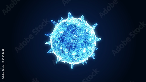 Close up glowing influenza virus on dark blue background. Blue abstract plexus wireframe Coronavirus. Science and medical. Micro nucleus of Corona virus cell in human body. 3D illustration rendering photo