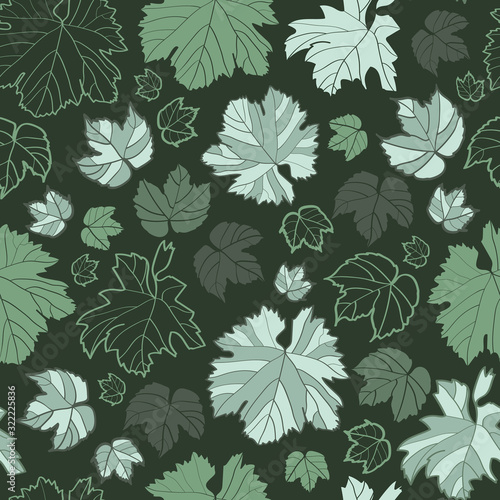 Vector dark green grape leafes seamless pattern print background.