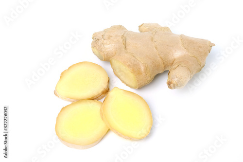 Fresh ginger rhizome with sliced isolated on white background, herb medical concept