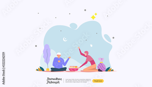 happy ramadan mubarak greeting concept with people character for web landing page template  banner  presentation  social  and print media. islamic eid fitr or adha flat design vector illustration.