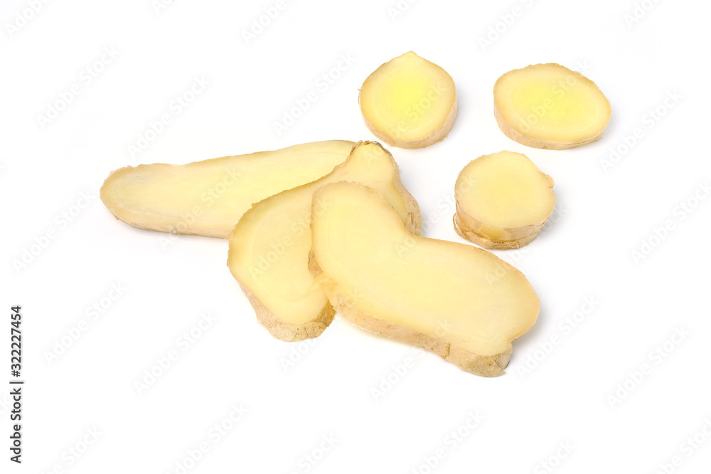 Fresh ginger rhizome with sliced isolated on white background, herb medical concept Fresh ginger rhizome with sliced isolated on white background, herb medical concept