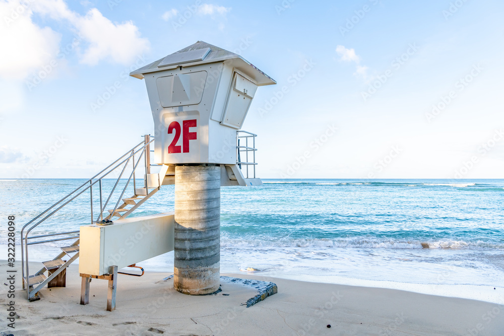 A lifeguard station at Waikiki Beach in Honolulu, Hawaii, in the early morning, before people arrive.