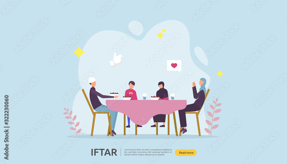 Plakat Iftar Eating After Fasting feast party concept. Moslem family dinner on Ramadan Kareem or celebrating Eid with people character. web landing page template, banner, presentation, social or print media