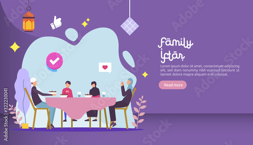 Iftar Eating After Fasting feast party concept. Moslem family dinner on Ramadan Kareem or celebrating Eid with people character. web landing page template, banner, presentation, social or print media