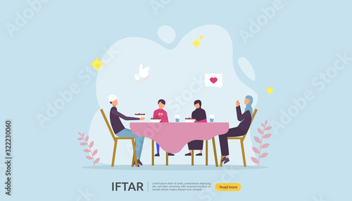Iftar Eating After Fasting feast party concept. Moslem family dinner on Ramadan Kareem or celebrating Eid with people character. web landing page template, banner, presentation, social or print media