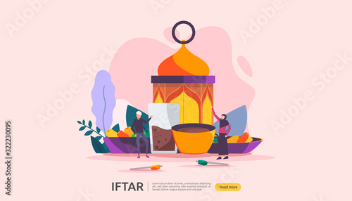 Iftar Eating After Fasting feast party concept. Moslem family dinner on Ramadan Kareem or celebrating Eid with people character. web landing page template, banner, presentation, social or print media
