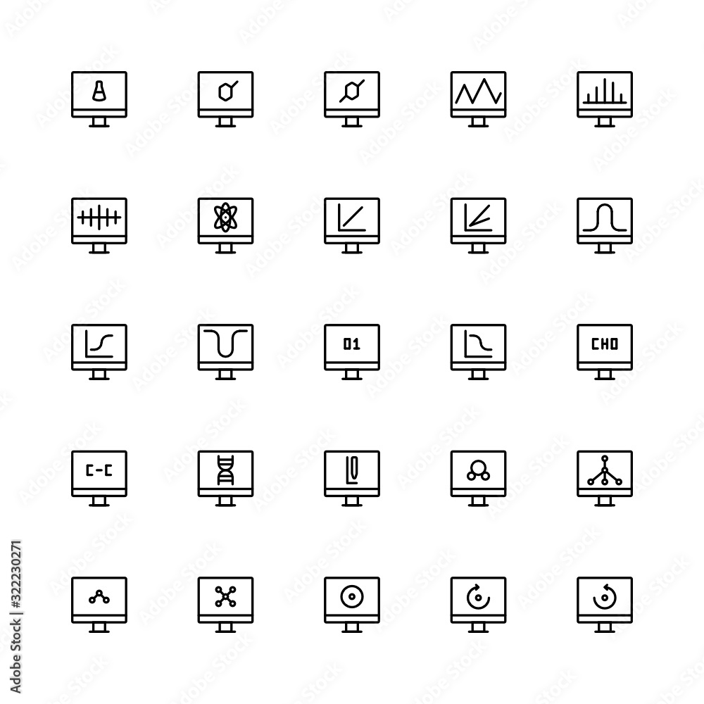 Set of Computing Chemical Chemistry outline style icon - vector