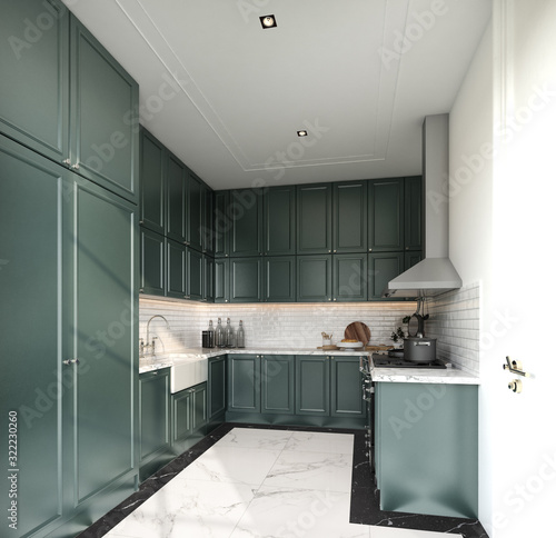 Stylish fully kitchen in modern classic style midnight green spray painted cabinet and white brick tiles install on the wall with marble floor tile / interior design