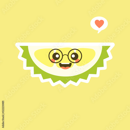 Funny and kawaii durian fruits. Cute Durian character with face expression and emoji . Vector illustration. Use for card, poster, banner, web design and print on t-shirt. Easy to edit.