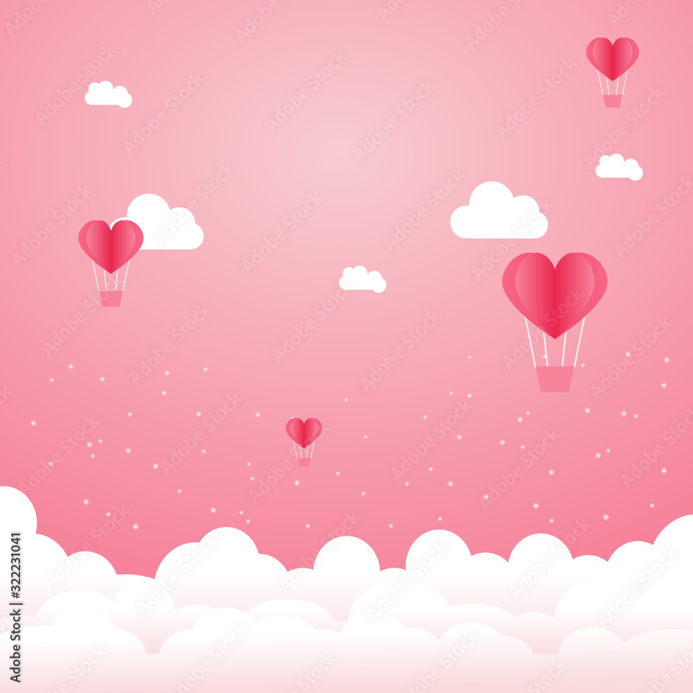 Heart Balloons floating in the pink sky. Valentine Greeting Card.