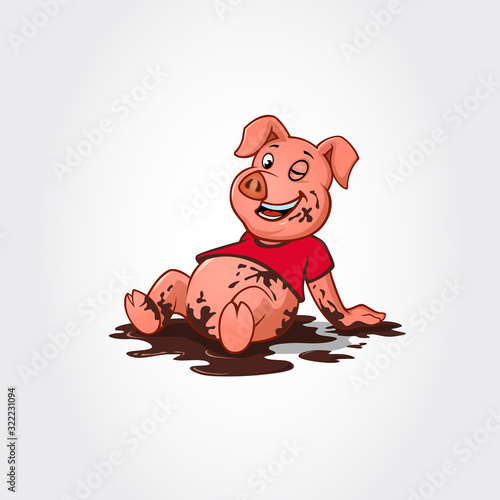 Cute happy pig sitting in a dirty pool, funny cartoon character