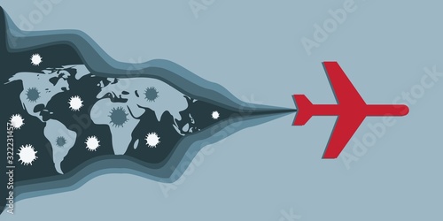 Spreading of viral infection. Medical science relative theme. Paper cut style. Air plane and viruses icons. World map