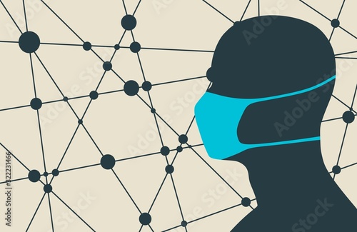 Abstract icon of man wearing a medical mask. Connected lines with dots background