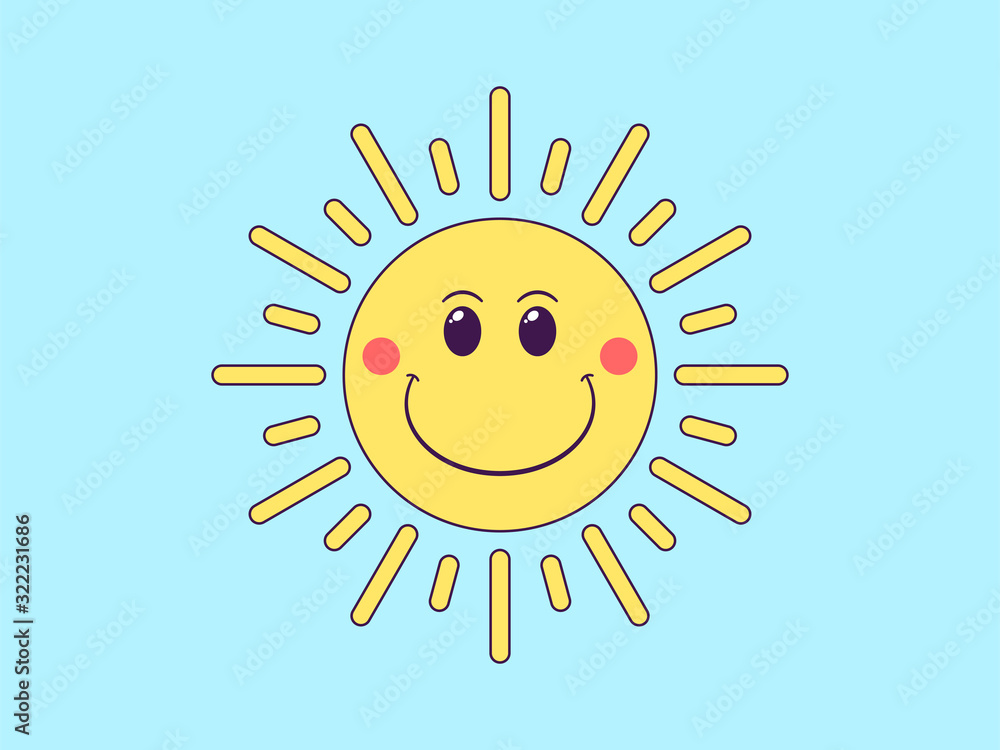 Cartoon sun with joyful face. Friendly sun for postcard design, banner and poster