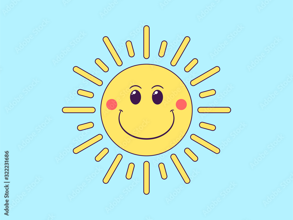 Cartoon sun with joyful face. Friendly sun for postcard design, banner and poster Cartoon sun with joyful face. Friendly sun for postcard design, banner and poster
