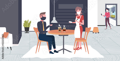 waitress taking order from client in mask to prevent epidemic MERS-CoV wuhan 2019-nCoV pandemic health risk concept cafe interior full length horizontal vector illustration